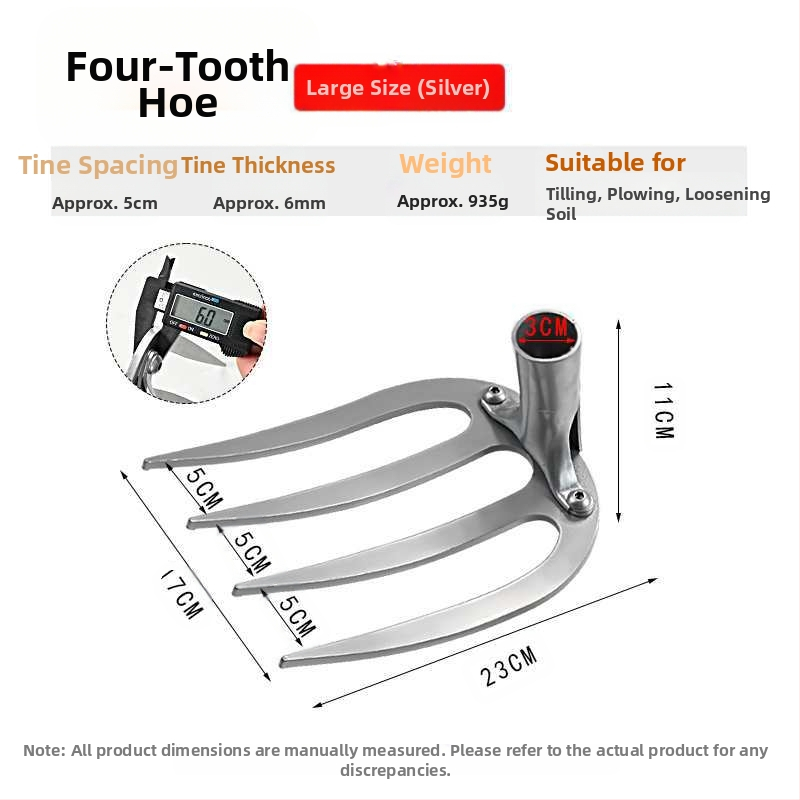 Keturių dantų kaltas plieninis grėblys daržo žemei laisvinti ir daržininkystei