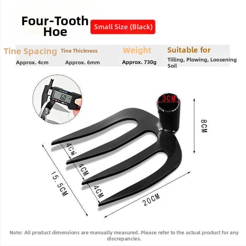 Keturių dantų kaltas plieninis grėblys daržo žemei laisvinti ir daržininkystei
