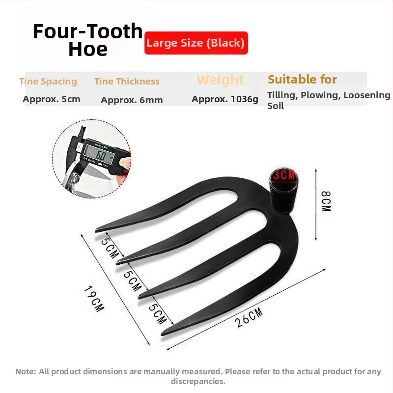 Keturių dantų kaltas plieninis grėblys daržo žemei laisvinti ir daržininkystei