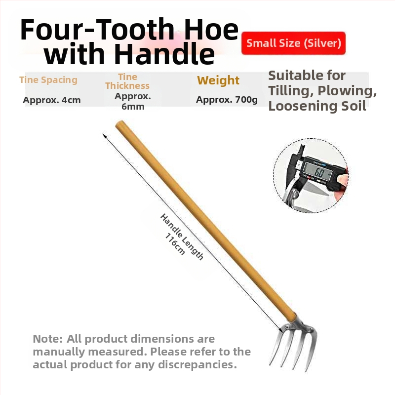 Keturių dantų kaltas plieninis grėblys daržo žemei laisvinti ir daržininkystei