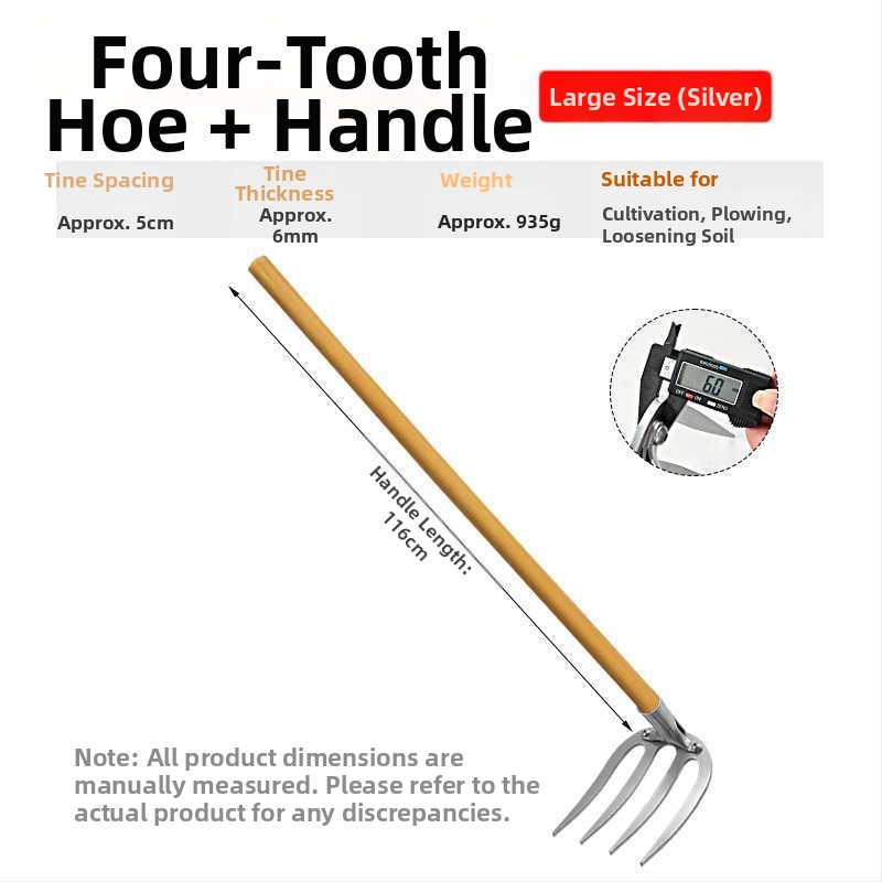 Keturių dantų kaltas plieninis grėblys daržo žemei laisvinti ir daržininkystei