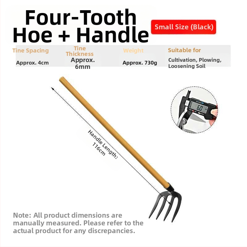 Keturių dantų kaltas plieninis grėblys daržo žemei laisvinti ir daržininkystei