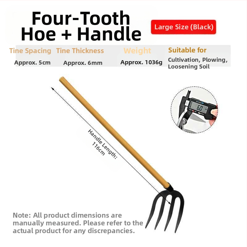 Keturių dantų kaltas plieninis grėblys daržo žemei laisvinti ir daržininkystei