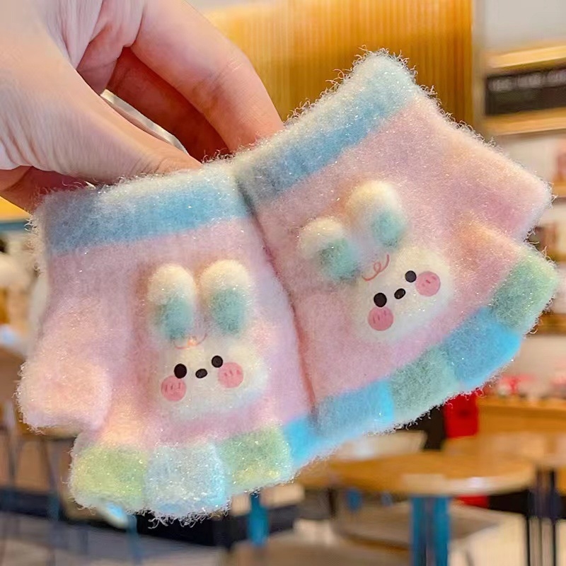 Kūdikio megztos žiemos pirštinės su kiškiu motyvu, unisex, atviri pirštai