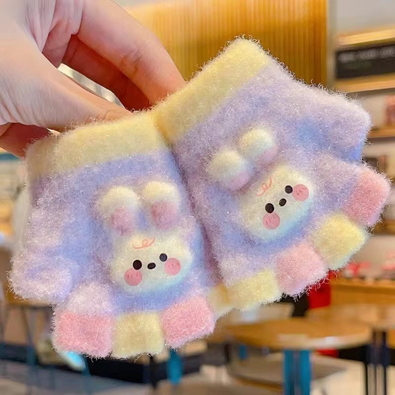 Kūdikio megztos žiemos pirštinės su kiškiu motyvu, unisex, atviri pirštai