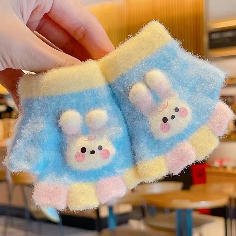 Kūdikio megztos žiemos pirštinės su kiškiu motyvu, unisex, atviri pirštai