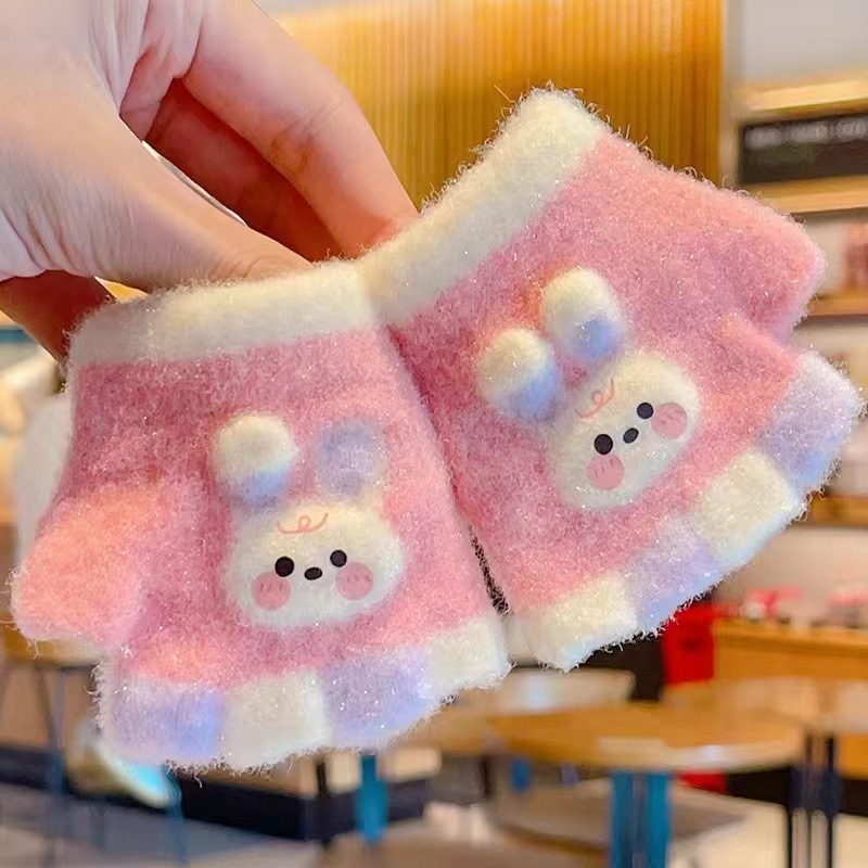 Kūdikio megztos žiemos pirštinės su kiškiu motyvu, unisex, atviri pirštai