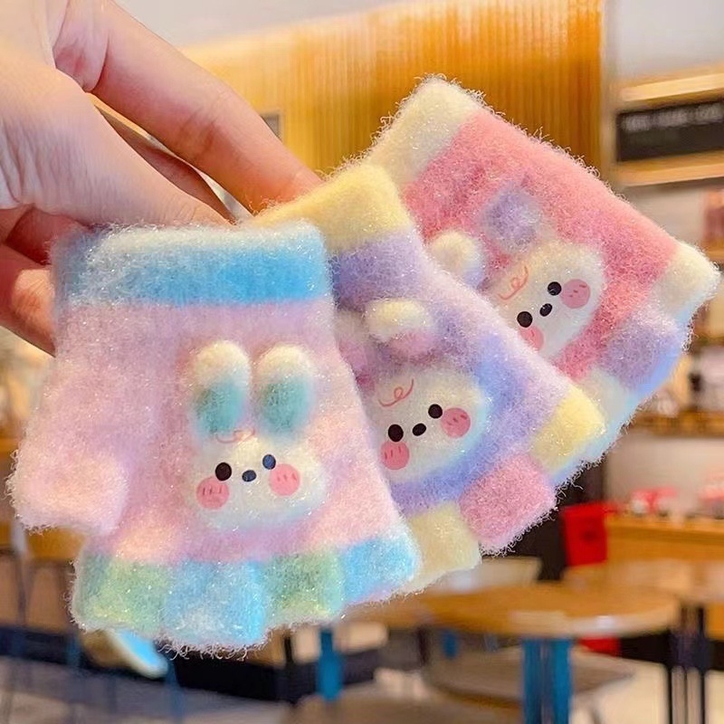 Kūdikio megztos žiemos pirštinės su kiškiu motyvu, unisex, atviri pirštai