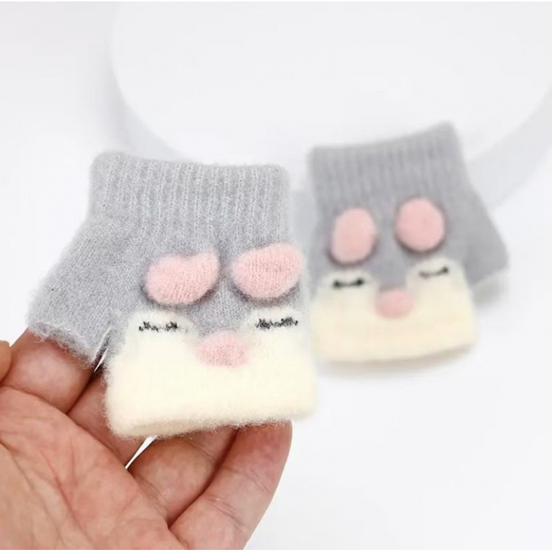 Kūdikio megztos žiemos pirštinės su kiškiu motyvu, unisex, atviri pirštai