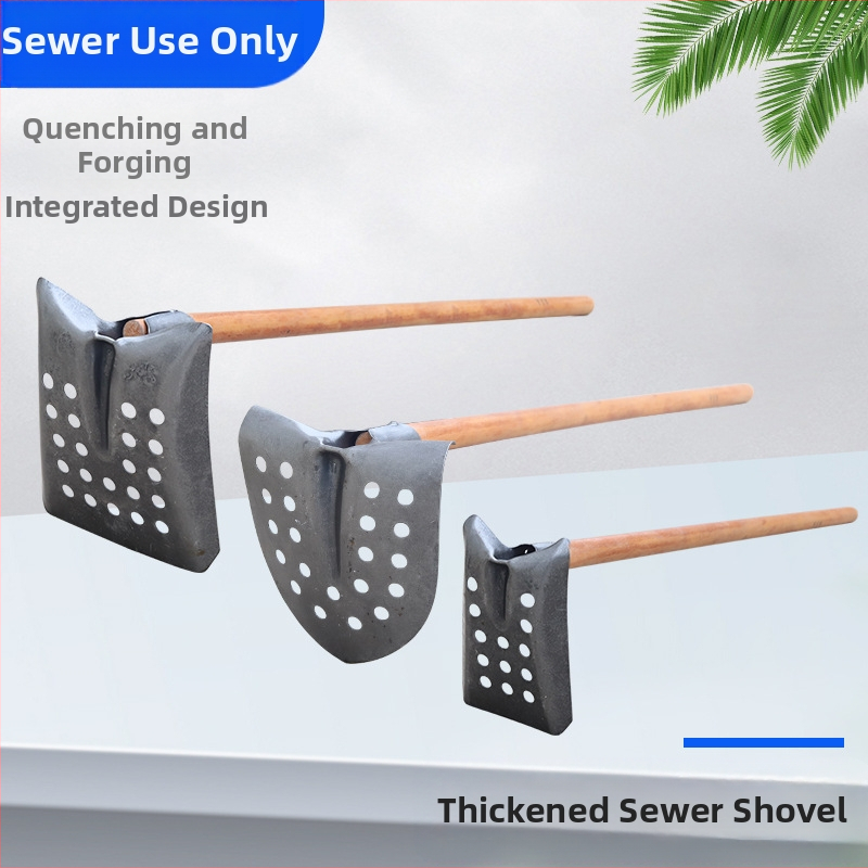 Nuotekų valymo kastuvas su lenktu kampu geležine galva – tinka vamzdynų ir griovių valymui