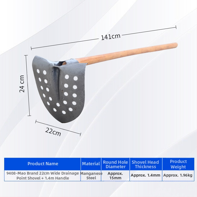Nuotekų valymo kastuvas su lenktu kampu geležine galva – tinka vamzdynų ir griovių valymui