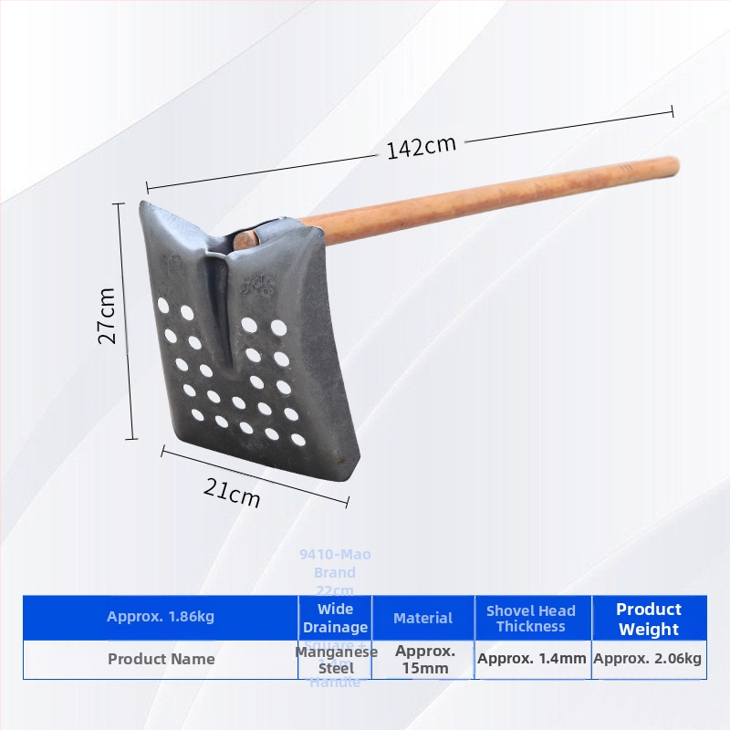 Nuotekų valymo kastuvas su lenktu kampu geležine galva – tinka vamzdynų ir griovių valymui