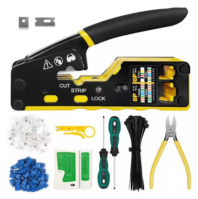 Ruihua Мрежови клещи: 9‑частен комплект за кримиране за 8P модулен конектор; кримиране, рязане и обелване на проводника, CAT5/CAT6 съвместимост