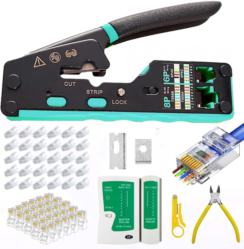 Ruihua Мрежови клещи: 9‑частен комплект за кримиране за 8P модулен конектор; кримиране, рязане и обелване на проводника, CAT5/CAT6 съвместимост