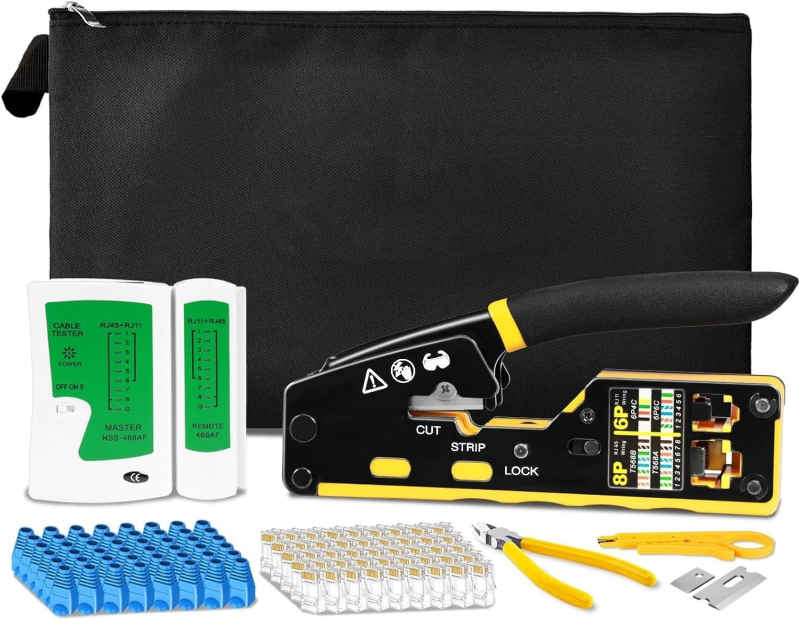 Ruihua Мрежови клещи: 9‑частен комплект за кримиране за 8P модулен конектор; кримиране, рязане и обелване на проводника, CAT5/CAT6 съвместимост