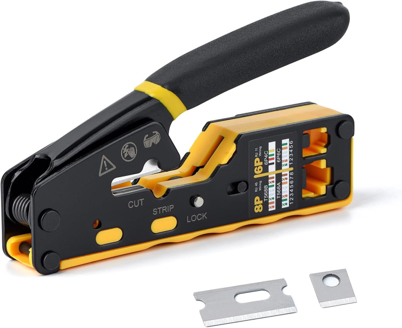 Ruihua Мрежови клещи: 9‑частен комплект за кримиране за 8P модулен конектор; кримиране, рязане и обелване на проводника, CAT5/CAT6 съвместимост