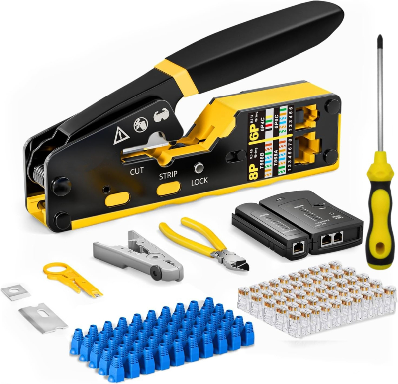 Ruihua Мрежови клещи: 9‑частен комплект за кримиране за 8P модулен конектор; кримиране, рязане и обелване на проводника, CAT5/CAT6 съвместимост