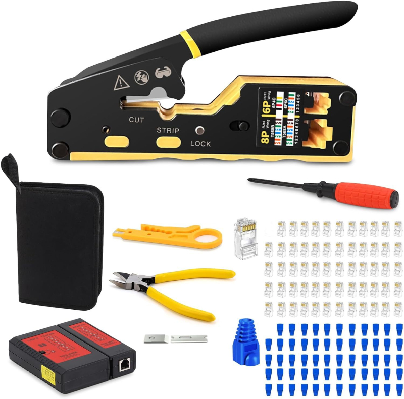 Ruihua Мрежови клещи: 9‑частен комплект за кримиране за 8P модулен конектор; кримиране, рязане и обелване на проводника, CAT5/CAT6 съвместимост