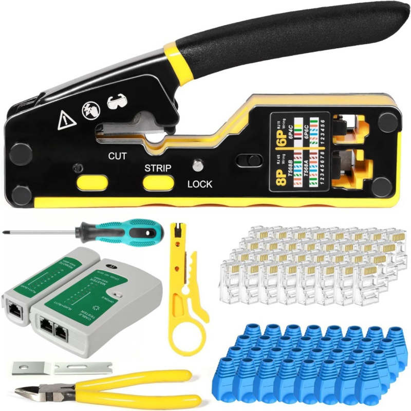 Ruihua Мрежови клещи: 9‑частен комплект за кримиране за 8P модулен конектор; кримиране, рязане и обелване на проводника, CAT5/CAT6 съвместимост