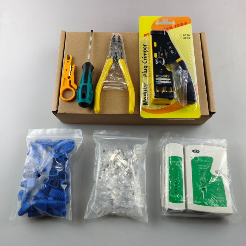 Ruihua Мрежови клещи: 9‑частен комплект за кримиране за 8P модулен конектор; кримиране, рязане и обелване на проводника, CAT5/CAT6 съвместимост