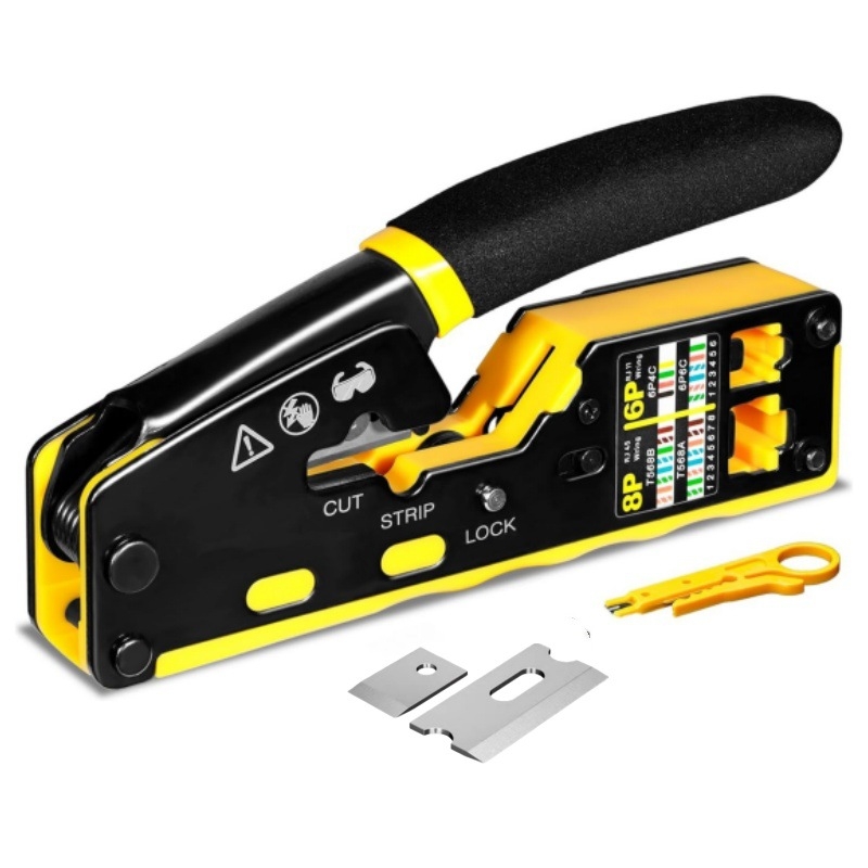 Ruihua Мрежови клещи: 9‑частен комплект за кримиране за 8P модулен конектор; кримиране, рязане и обелване на проводника, CAT5/CAT6 съвместимост