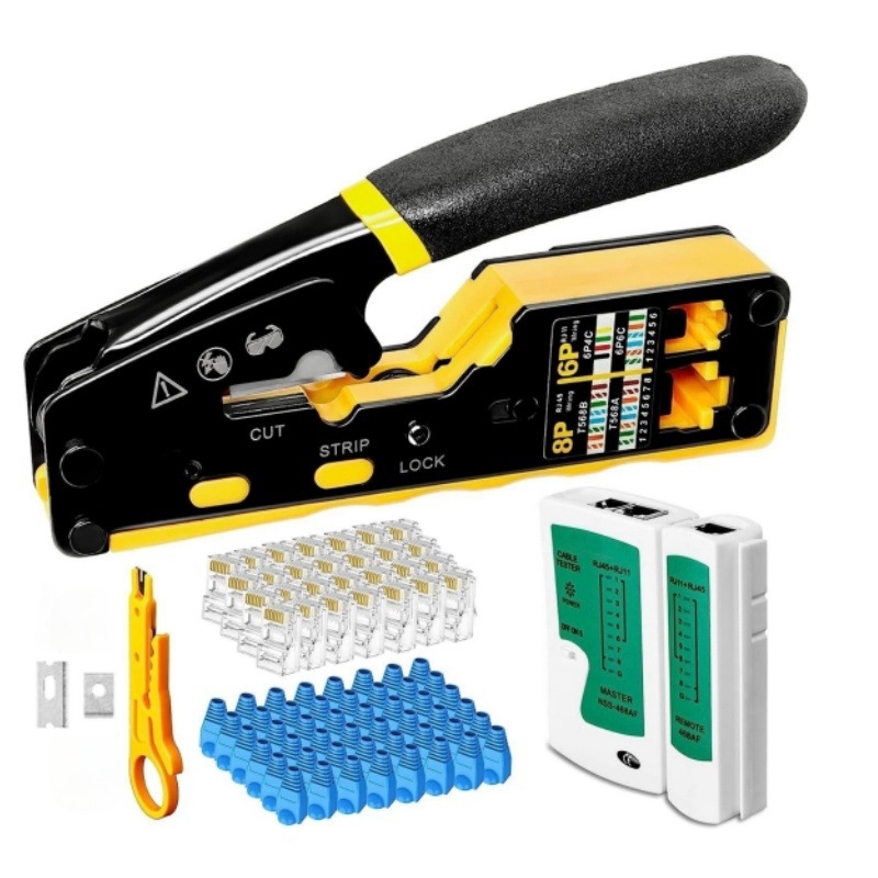 Ruihua Мрежови клещи: 9‑частен комплект за кримиране за 8P модулен конектор; кримиране, рязане и обелване на проводника, CAT5/CAT6 съвместимост