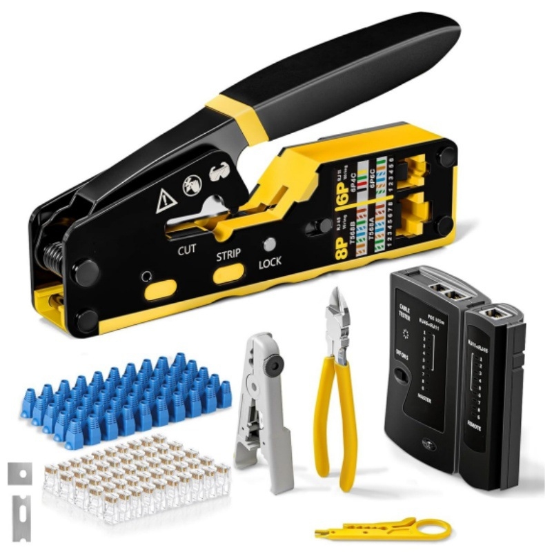 Ruihua Мрежови клещи: 9‑частен комплект за кримиране за 8P модулен конектор; кримиране, рязане и обелване на проводника, CAT5/CAT6 съвместимост