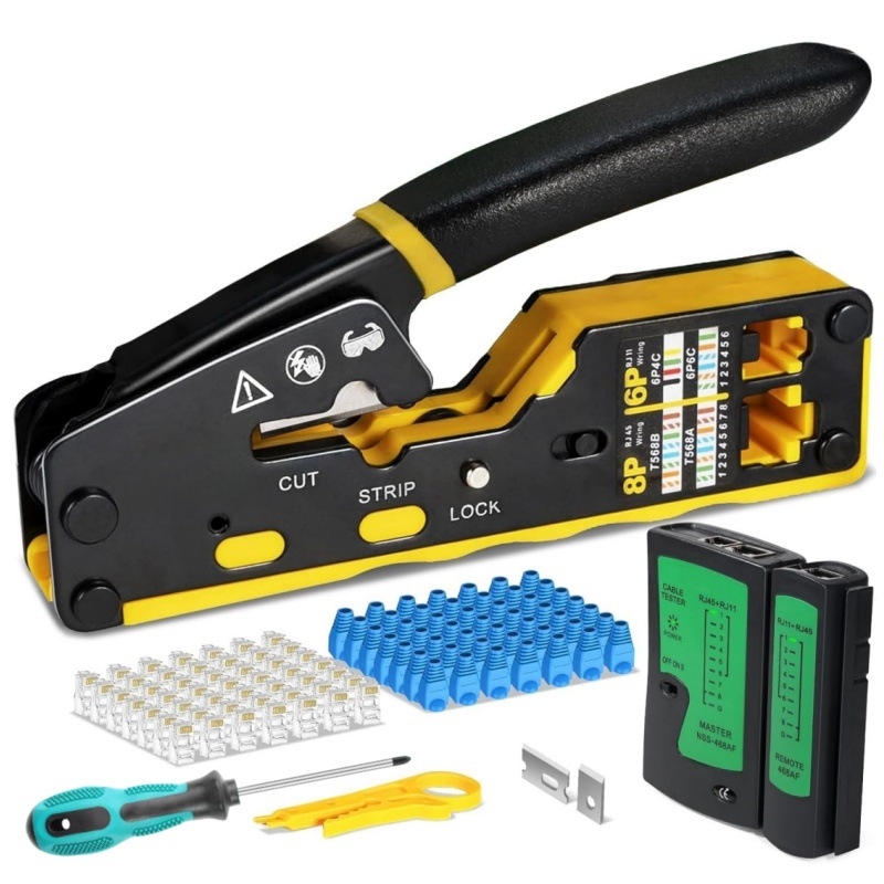 Ruihua Мрежови клещи: 9‑частен комплект за кримиране за 8P модулен конектор; кримиране, рязане и обелване на проводника, CAT5/CAT6 съвместимост