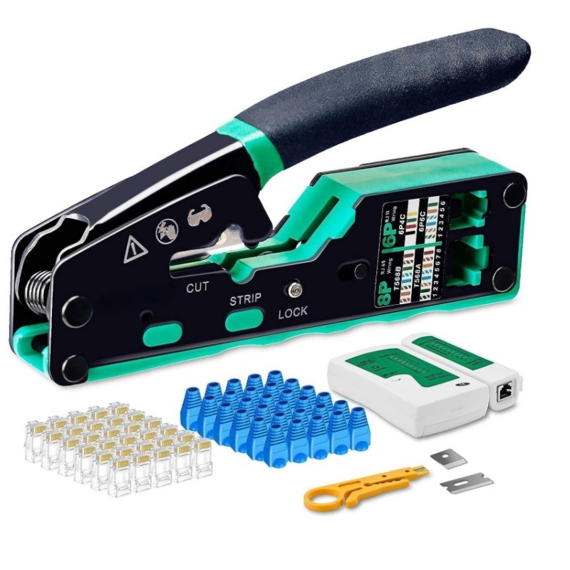 Ruihua Мрежови клещи: 9‑частен комплект за кримиране за 8P модулен конектор; кримиране, рязане и обелване на проводника, CAT5/CAT6 съвместимост