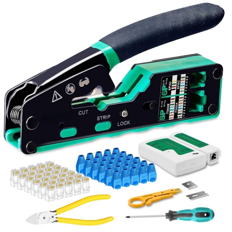 Ruihua Мрежови клещи: 9‑частен комплект за кримиране за 8P модулен конектор; кримиране, рязане и обелване на проводника, CAT5/CAT6 съвместимост