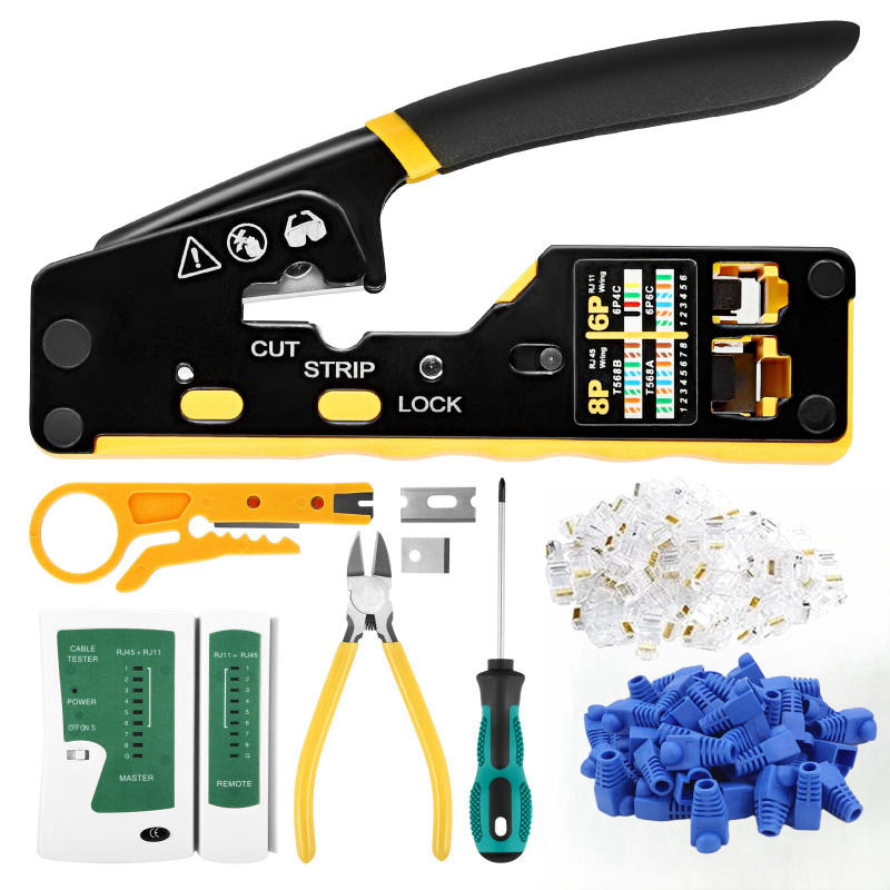 Ruihua Мрежови клещи: 9‑частен комплект за кримиране за 8P модулен конектор; кримиране, рязане и обелване на проводника, CAT5/CAT6 съвместимост