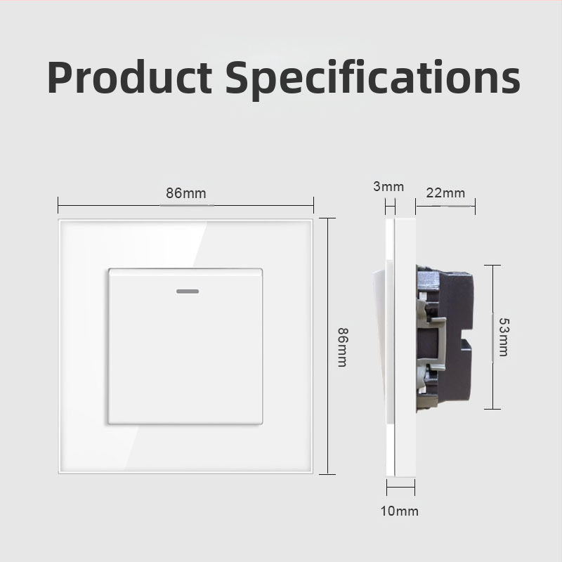 Стенен превключвател с панел от закалено стъкло, вградена рокерна конфигурация, 86-тип Европейски стандарт; 110-250V AC, 16A, монтажни отвори 60x60 мм, tin phosphor bronze контакти, 100k цикъла