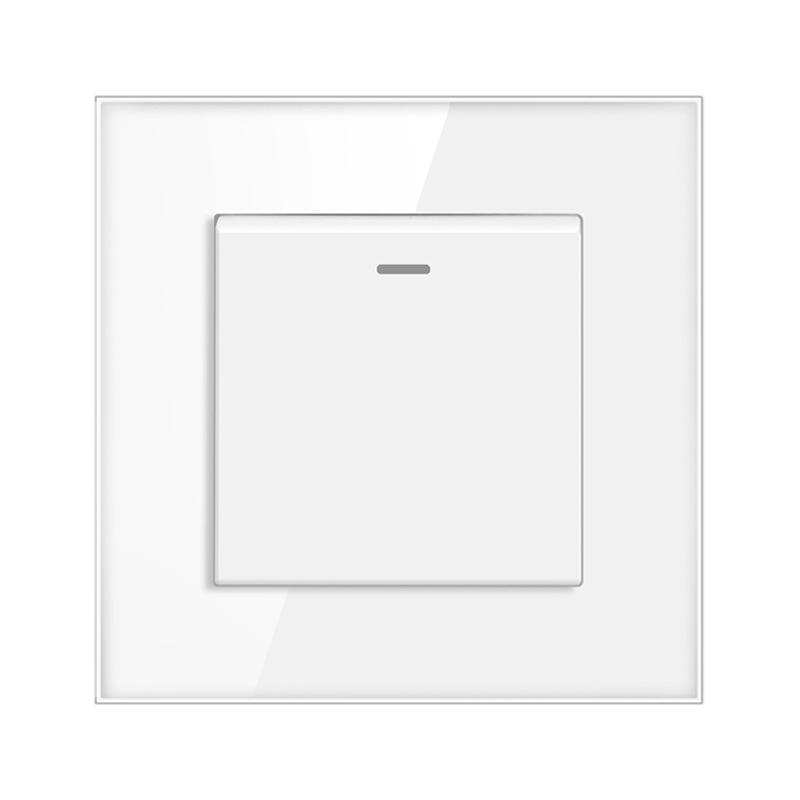 Sieninis jungiklis su karštu stiklo plokšte, įmontuotas rocker jungiklis, Europos standartas 86-type; 110-250V AC, 16A, montavimo skylučių atstumas 60x60 mm, tin phosphor bronzos kontaktai, 100k ciklų tarnavimo laikas
