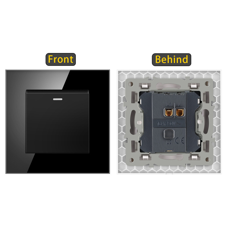 Sieninis jungiklis su karštu stiklo plokšte, įmontuotas rocker jungiklis, Europos standartas 86-type; 110-250V AC, 16A, montavimo skylučių atstumas 60x60 mm, tin phosphor bronzos kontaktai, 100k ciklų tarnavimo laikas