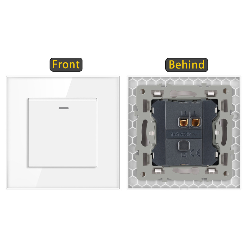 Sieninis jungiklis su karštu stiklo plokšte, įmontuotas rocker jungiklis, Europos standartas 86-type; 110-250V AC, 16A, montavimo skylučių atstumas 60x60 mm, tin phosphor bronzos kontaktai, 100k ciklų tarnavimo laikas