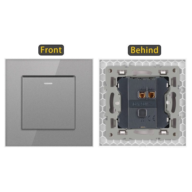 Sieninis jungiklis su karštu stiklo plokšte, įmontuotas rocker jungiklis, Europos standartas 86-type; 110-250V AC, 16A, montavimo skylučių atstumas 60x60 mm, tin phosphor bronzos kontaktai, 100k ciklų tarnavimo laikas