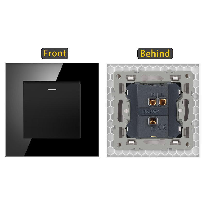 Sieninis jungiklis su karštu stiklo plokšte, įmontuotas rocker jungiklis, Europos standartas 86-type; 110-250V AC, 16A, montavimo skylučių atstumas 60x60 mm, tin phosphor bronzos kontaktai, 100k ciklų tarnavimo laikas