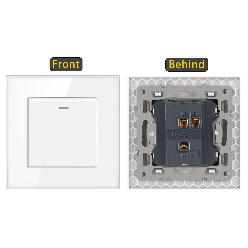 Sieninis jungiklis su karštu stiklo plokšte, įmontuotas rocker jungiklis, Europos standartas 86-type; 110-250V AC, 16A, montavimo skylučių atstumas 60x60 mm, tin phosphor bronzos kontaktai, 100k ciklų tarnavimo laikas