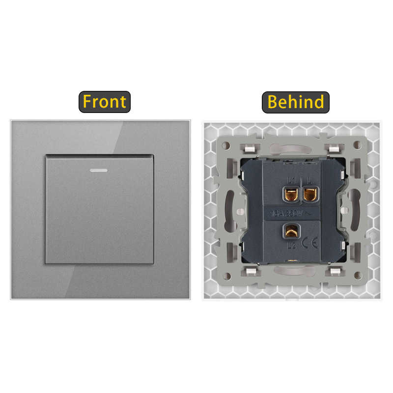 Sieninis jungiklis su karštu stiklo plokšte, įmontuotas rocker jungiklis, Europos standartas 86-type; 110-250V AC, 16A, montavimo skylučių atstumas 60x60 mm, tin phosphor bronzos kontaktai, 100k ciklų tarnavimo laikas