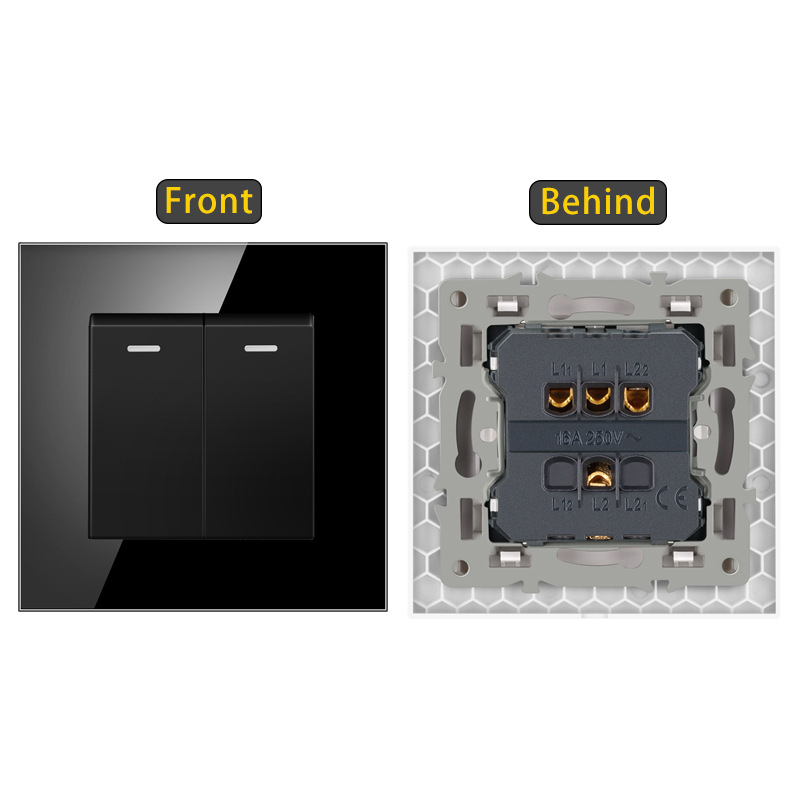 Sieninis jungiklis su karštu stiklo plokšte, įmontuotas rocker jungiklis, Europos standartas 86-type; 110-250V AC, 16A, montavimo skylučių atstumas 60x60 mm, tin phosphor bronzos kontaktai, 100k ciklų tarnavimo laikas