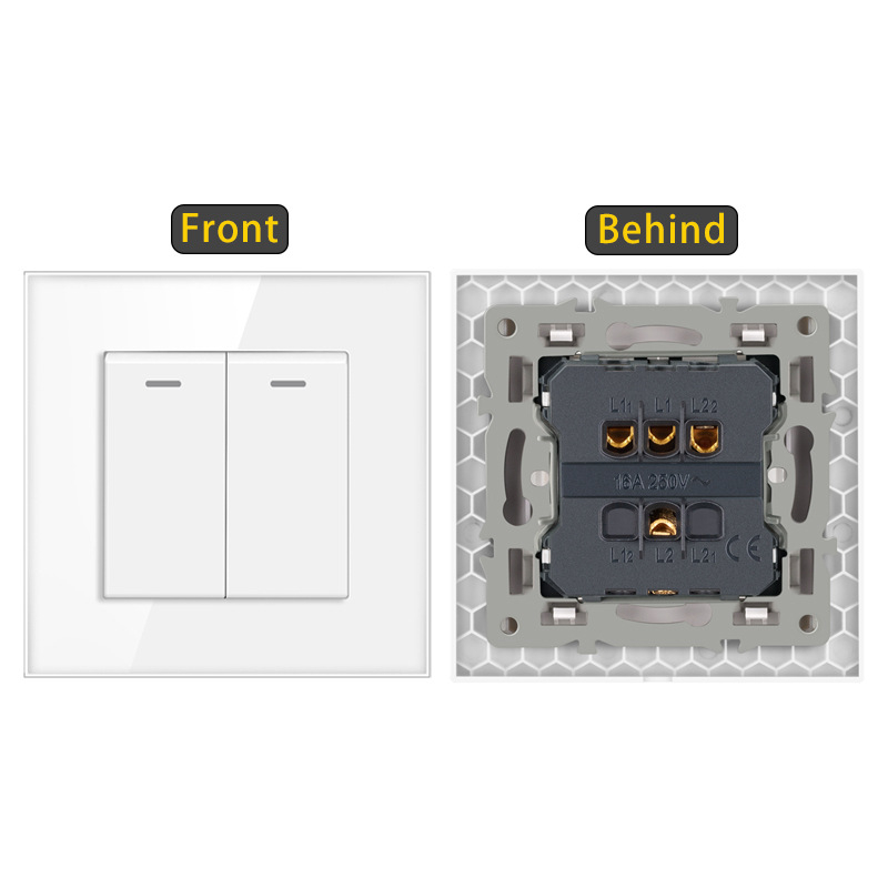 Sieninis jungiklis su karštu stiklo plokšte, įmontuotas rocker jungiklis, Europos standartas 86-type; 110-250V AC, 16A, montavimo skylučių atstumas 60x60 mm, tin phosphor bronzos kontaktai, 100k ciklų tarnavimo laikas