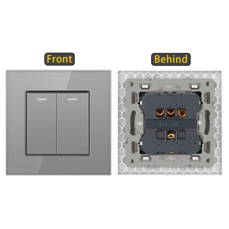 Sieninis jungiklis su karštu stiklo plokšte, įmontuotas rocker jungiklis, Europos standartas 86-type; 110-250V AC, 16A, montavimo skylučių atstumas 60x60 mm, tin phosphor bronzos kontaktai, 100k ciklų tarnavimo laikas