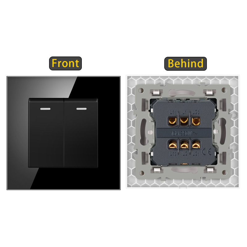 Sieninis jungiklis su karštu stiklo plokšte, įmontuotas rocker jungiklis, Europos standartas 86-type; 110-250V AC, 16A, montavimo skylučių atstumas 60x60 mm, tin phosphor bronzos kontaktai, 100k ciklų tarnavimo laikas