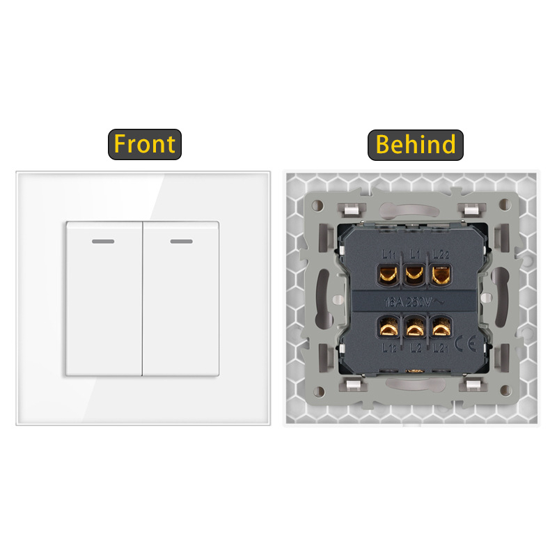 Sieninis jungiklis su karštu stiklo plokšte, įmontuotas rocker jungiklis, Europos standartas 86-type; 110-250V AC, 16A, montavimo skylučių atstumas 60x60 mm, tin phosphor bronzos kontaktai, 100k ciklų tarnavimo laikas