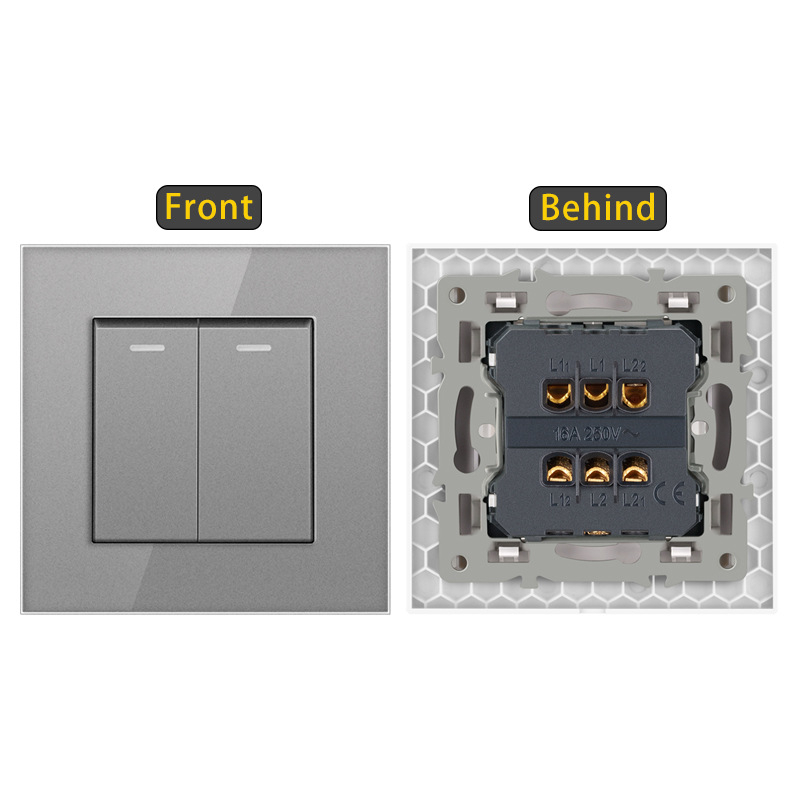 Sieninis jungiklis su karštu stiklo plokšte, įmontuotas rocker jungiklis, Europos standartas 86-type; 110-250V AC, 16A, montavimo skylučių atstumas 60x60 mm, tin phosphor bronzos kontaktai, 100k ciklų tarnavimo laikas