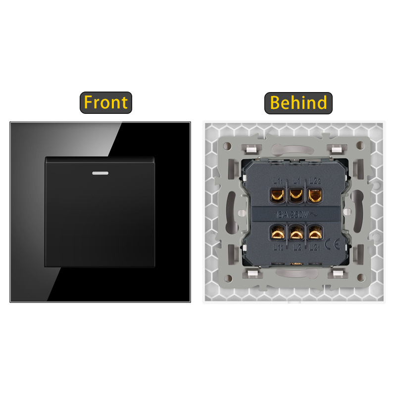 Sieninis jungiklis su karštu stiklo plokšte, įmontuotas rocker jungiklis, Europos standartas 86-type; 110-250V AC, 16A, montavimo skylučių atstumas 60x60 mm, tin phosphor bronzos kontaktai, 100k ciklų tarnavimo laikas