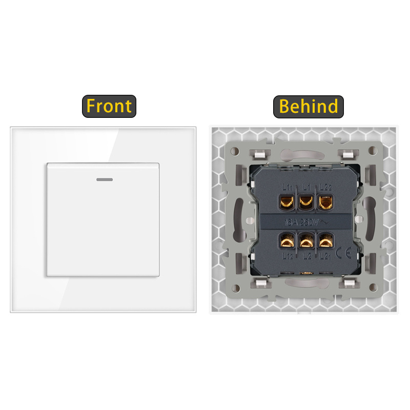 Sieninis jungiklis su karštu stiklo plokšte, įmontuotas rocker jungiklis, Europos standartas 86-type; 110-250V AC, 16A, montavimo skylučių atstumas 60x60 mm, tin phosphor bronzos kontaktai, 100k ciklų tarnavimo laikas