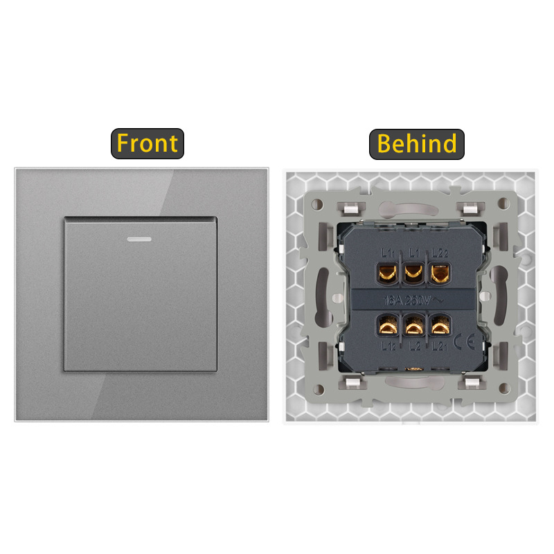 Sieninis jungiklis su karštu stiklo plokšte, įmontuotas rocker jungiklis, Europos standartas 86-type; 110-250V AC, 16A, montavimo skylučių atstumas 60x60 mm, tin phosphor bronzos kontaktai, 100k ciklų tarnavimo laikas