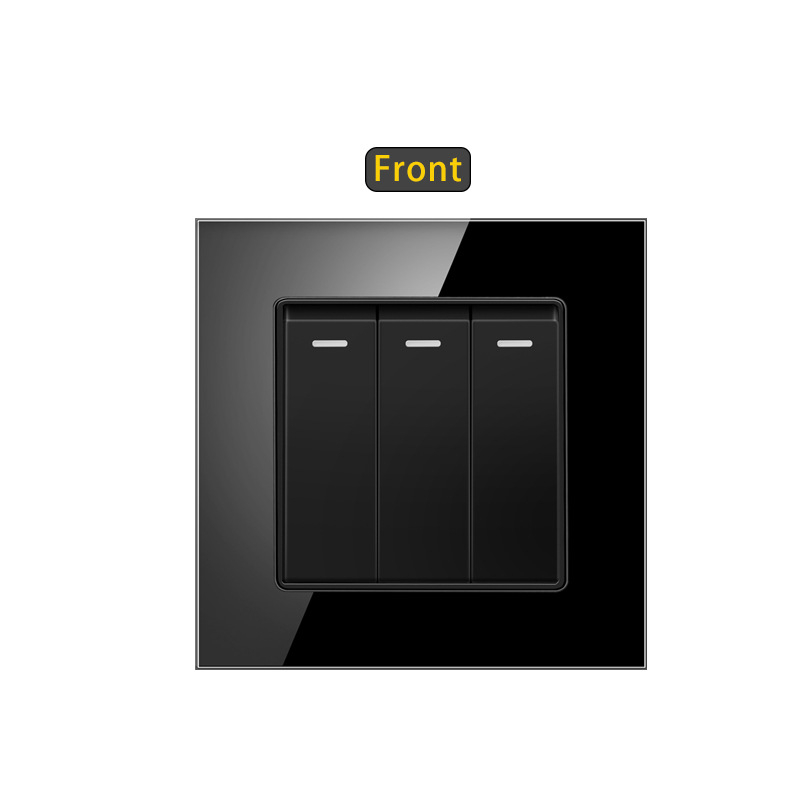 Sieninis jungiklis su karštu stiklo plokšte, įmontuotas rocker jungiklis, Europos standartas 86-type; 110-250V AC, 16A, montavimo skylučių atstumas 60x60 mm, tin phosphor bronzos kontaktai, 100k ciklų tarnavimo laikas