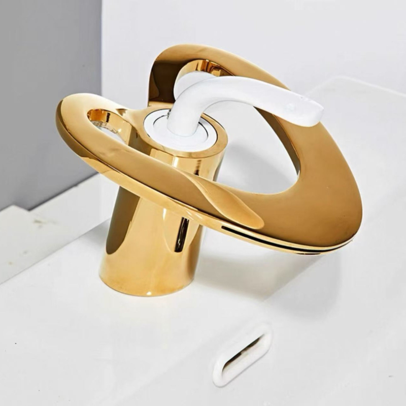 Réz anyagú fürdőszobai csaptele, modern minimalista dizájn, keverőcsap, emelőnyílású működés, bemenet-kimenet 2/1, kerámiás szeleppel